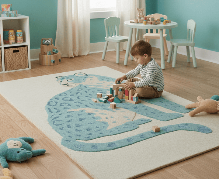 Custom Made Modern Animal Pattern Teal And Beige Hand Tufted Wool Area Rug - The Rug Decor