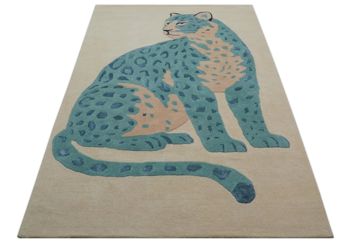 Custom Made Modern Animal Pattern Teal And Beige Hand Tufted Wool Area Rug - The Rug Decor
