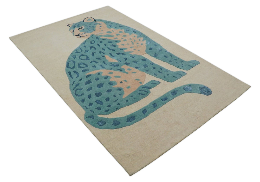 Custom Made Modern Animal Pattern Teal And Beige Hand Tufted Wool Area Rug - The Rug Decor