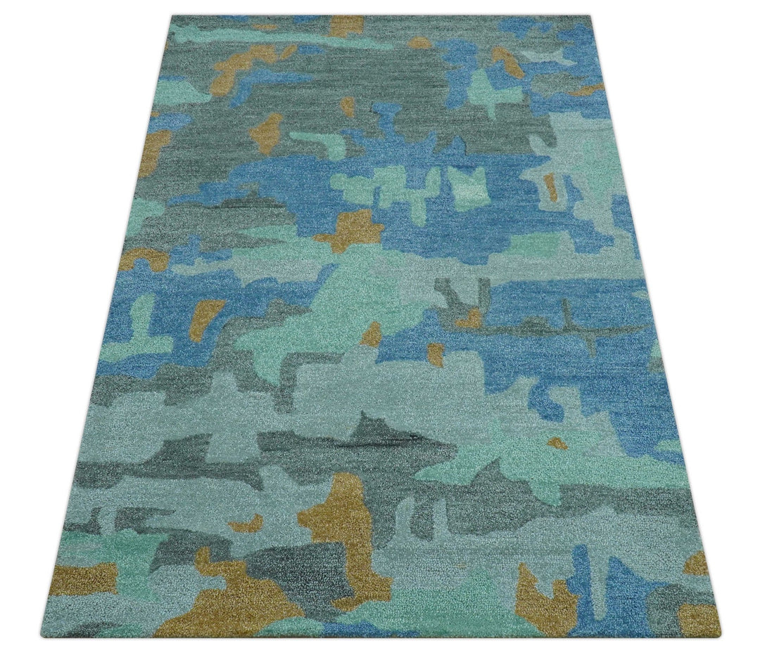 Custom Made Modern Blue Abstract Design Hand Tufted Wool And Viscose Area Rug - The Rug Decor