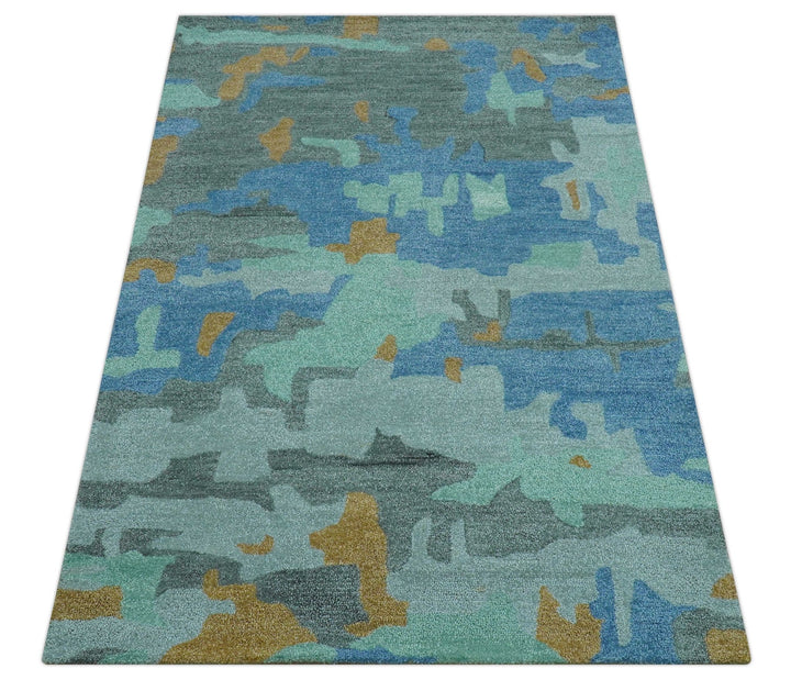 Custom Made Modern Blue Abstract Design Hand Tufted Wool And Viscose Area Rug - The Rug Decor