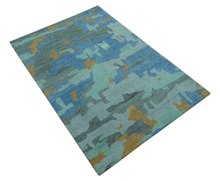 Custom Made Modern Blue Abstract Design Hand Tufted Wool And Viscose Area Rug - The Rug Decor