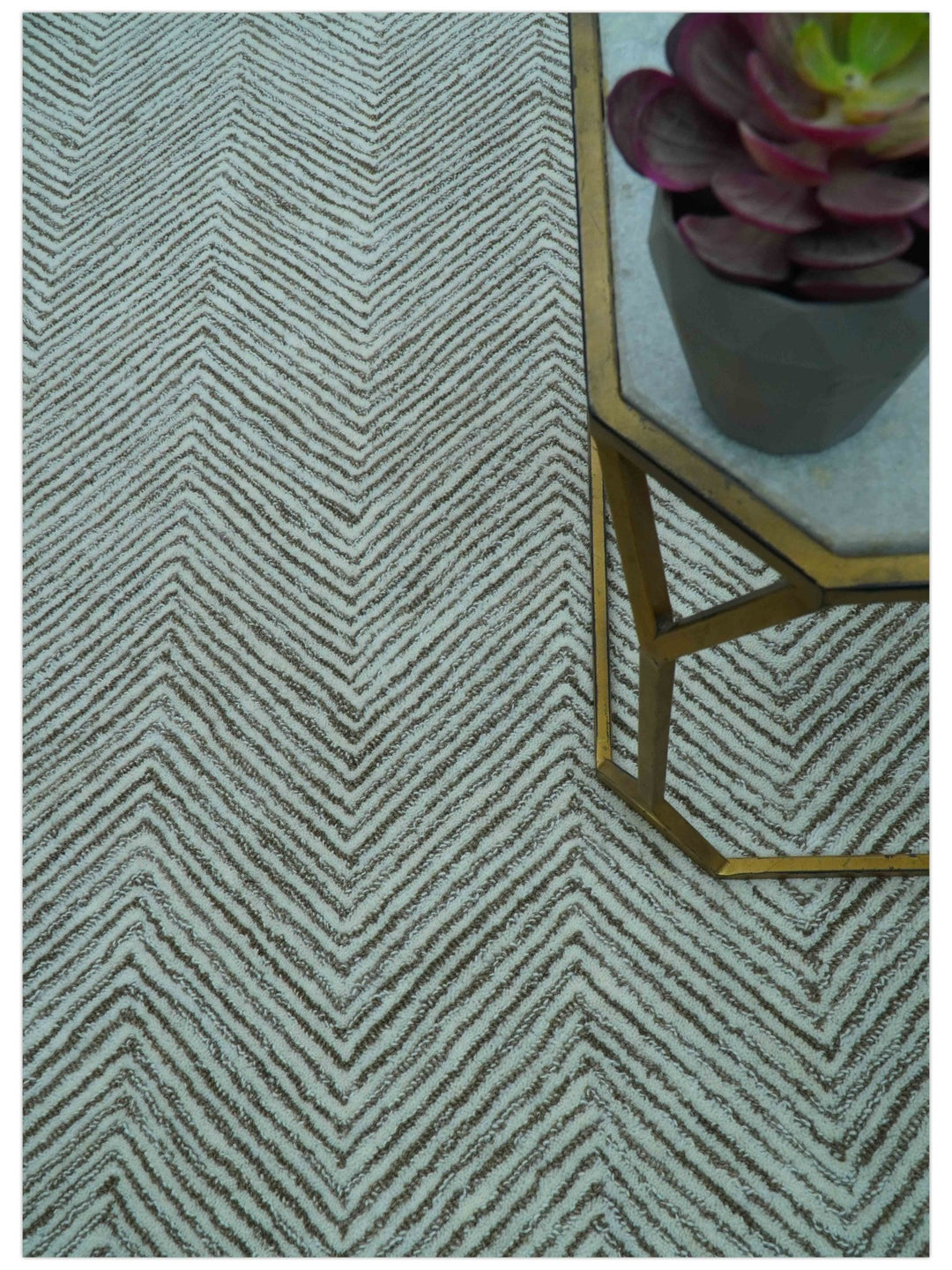 Custom Made Modern Chevron Ivory And Brown Hand Tufted Wool Area Rug - The Rug Decor