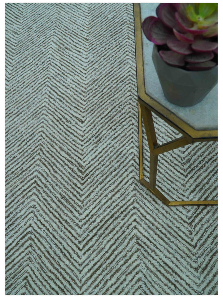 Custom Made Modern Chevron Ivory And Brown Hand Tufted Wool Area Rug - The Rug Decor