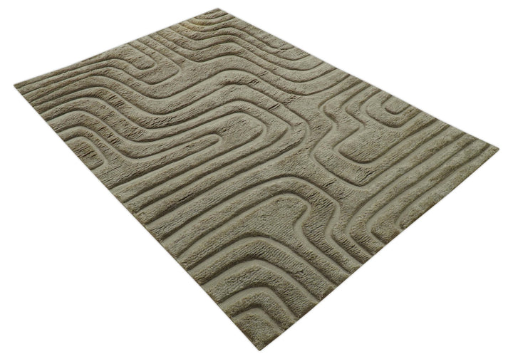 Custom Made Modern Contemporary Beige And Gray Hand Knotted Wool Rug - The Rug Decor