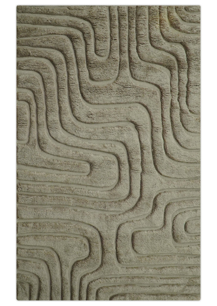 Custom Made Modern Contemporary Beige And Gray Hand Knotted Wool Rug - The Rug Decor