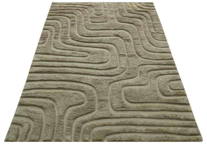 Custom Made Modern Contemporary Beige And Gray Hand Knotted Wool Rug - The Rug Decor