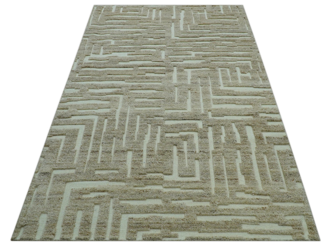 Custom Made Modern Contemporary Beige Hand Knotted Wool Area Rug - The Rug Decor