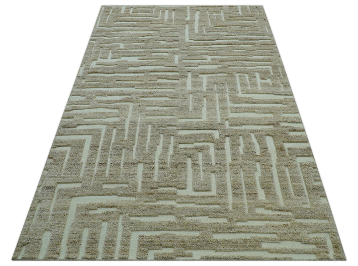 Custom Made Modern Contemporary Beige Hand Knotted Wool Area Rug - The Rug Decor