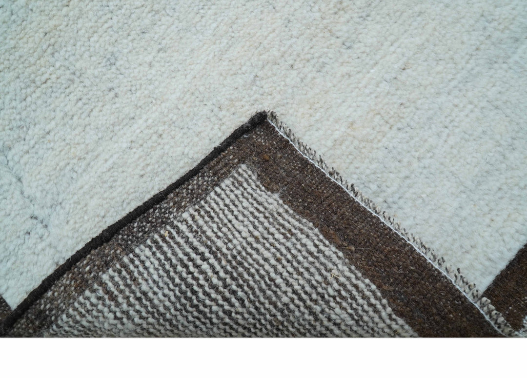Custom Made Modern Contemporary White and Brown Hand Knotted Wool Rug - The Rug Decor