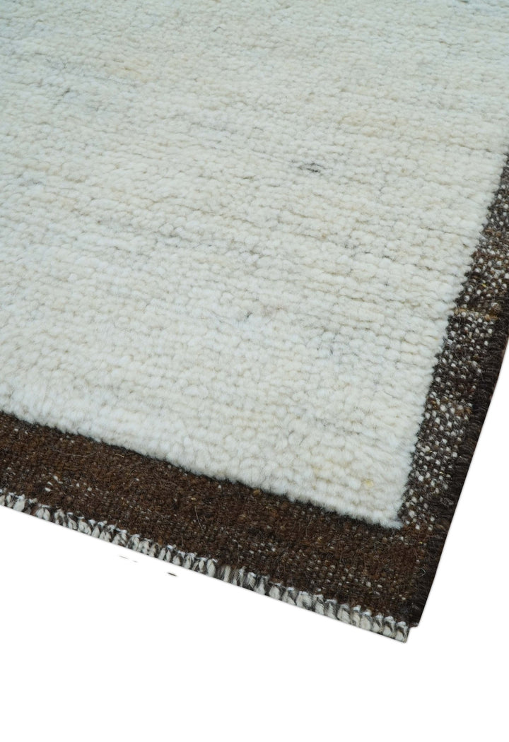 Custom Made Modern Contemporary White and Brown Hand Knotted Wool Rug - The Rug Decor