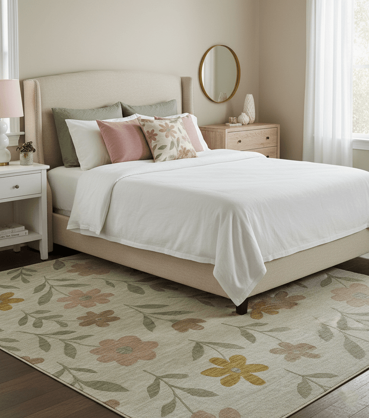 Custom Made Modern Floral Design Beige Hand Tufted Wool Area Rug - The Rug Decor