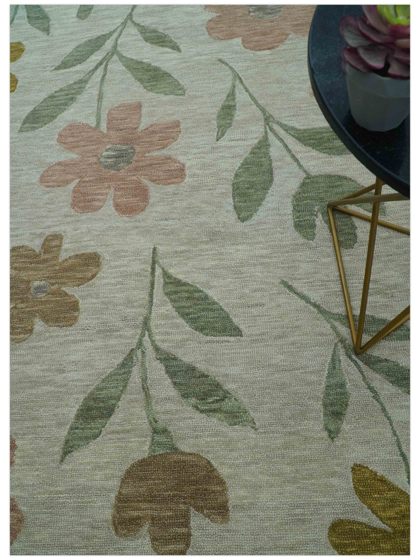 Custom Made Modern Floral Design Beige Hand Tufted Wool Area Rug - The Rug Decor