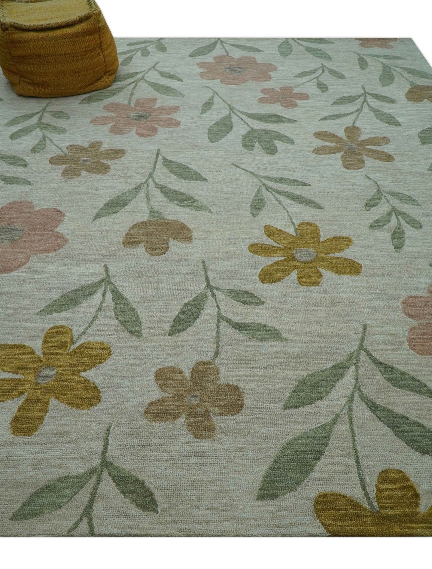 Custom Made Modern Floral Design Beige Hand Tufted Wool Area Rug - The Rug Decor
