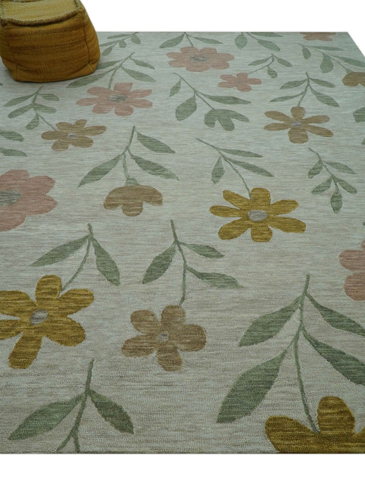 Custom Made Modern Floral Design Beige Hand Tufted Wool Area Rug - The Rug Decor