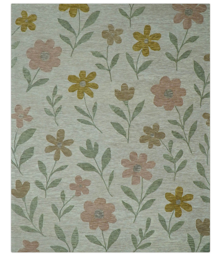 Custom Made Modern Floral Design Beige Hand Tufted Wool Area Rug - The Rug Decor