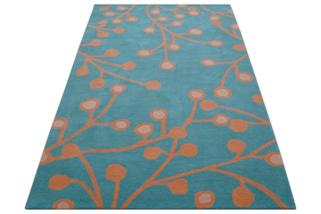 Custom Made Modern Floral Design Blue Hand Tufted Wool Area Rug - The Rug Decor