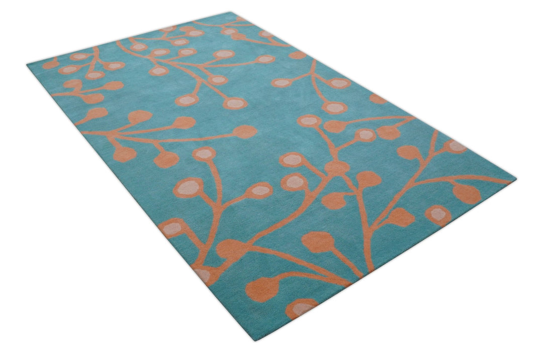Custom Made Modern Floral Design Blue Hand Tufted Wool Area Rug - The Rug Decor