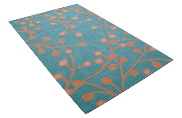 Custom Made Modern Floral Design Blue Hand Tufted Wool Area Rug - The Rug Decor