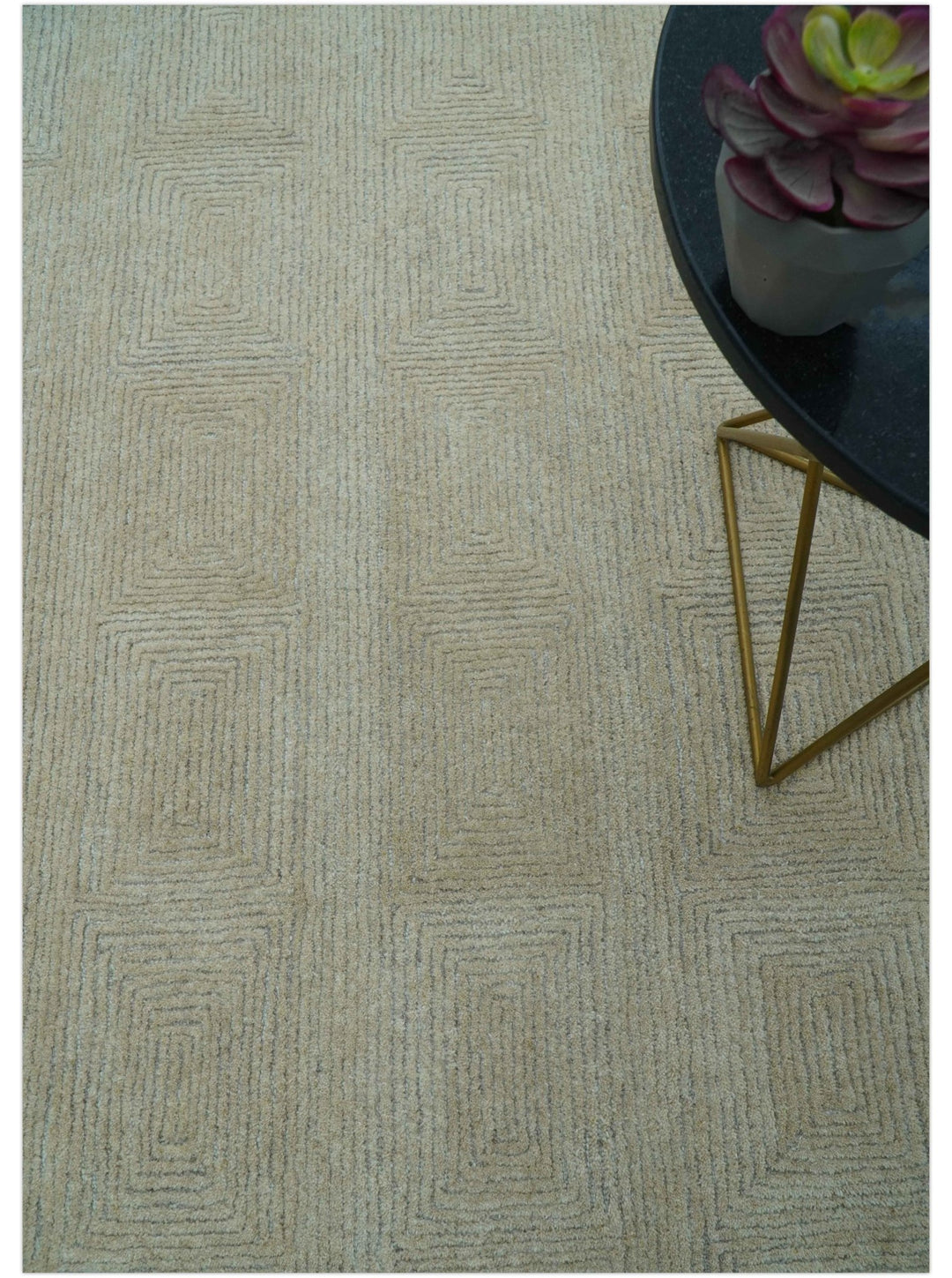 Custom Made Modern Geometrical Beige and Silver Hand Tufted Natural Wool Area Rug - The Rug Decor
