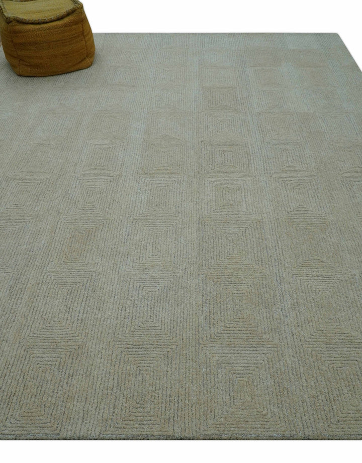 Custom Made Modern Geometrical Beige and Silver Hand Tufted Natural Wool Area Rug - The Rug Decor