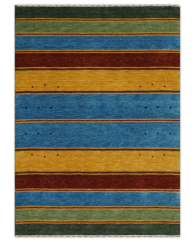 Custom Made Modern Geometrical Blue, Gold, Brown and Green Stripes Design Wool Area Rug - The Rug Decor