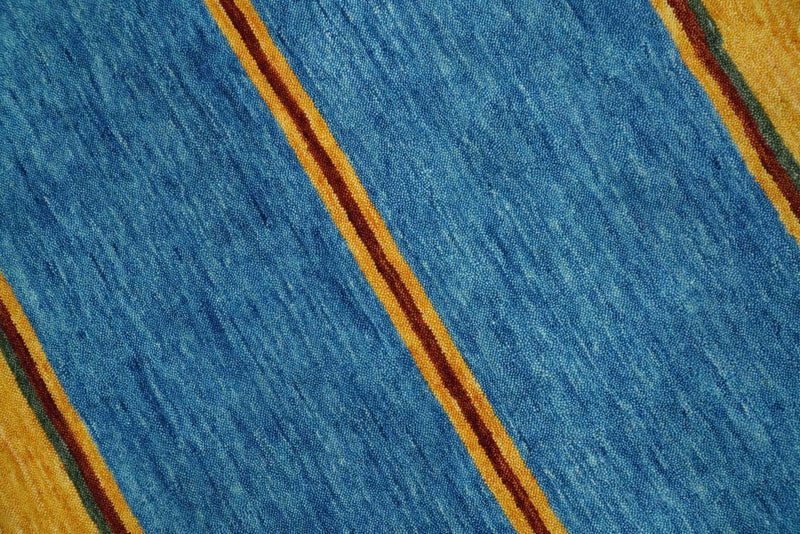 Custom Made Modern Geometrical Blue, Gold, Brown and Green Stripes Design Wool Area Rug - The Rug Decor
