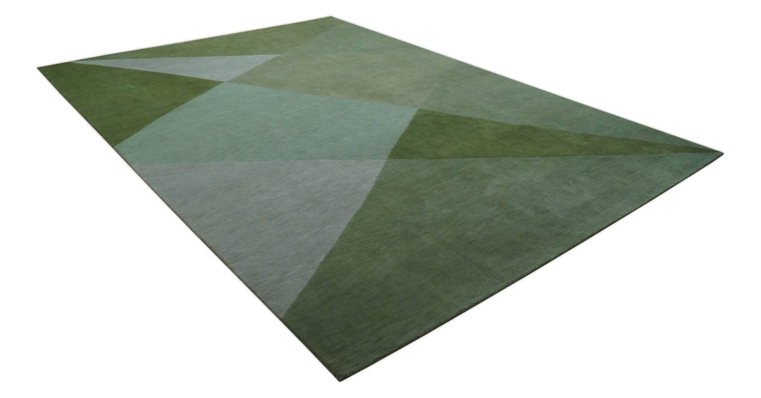 Custom Made Modern Geometrical Design Green And Gray Hand knotted wool Area Rug - The Rug Decor