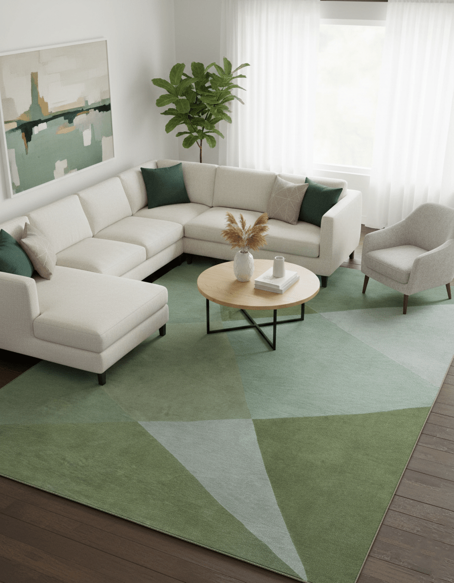 Custom Made Modern Geometrical Design Green And Gray Hand knotted wool Area Rug - The Rug Decor