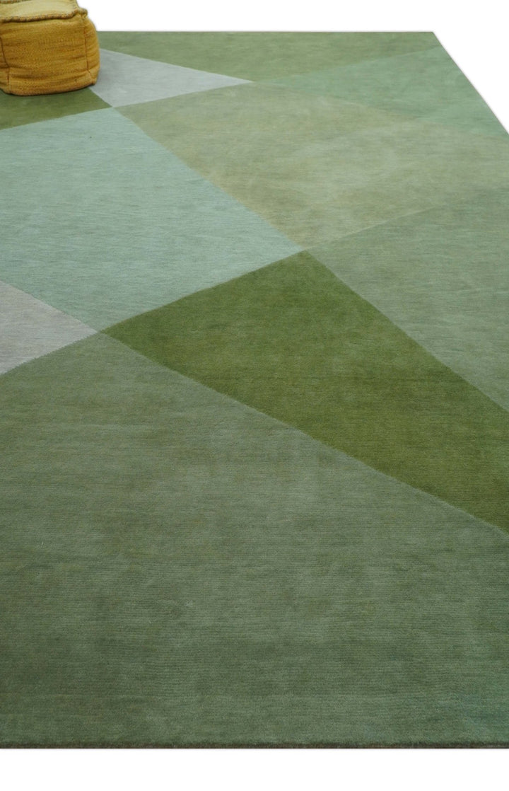 Custom Made Modern Geometrical Design Green And Gray Hand knotted wool Area Rug - The Rug Decor