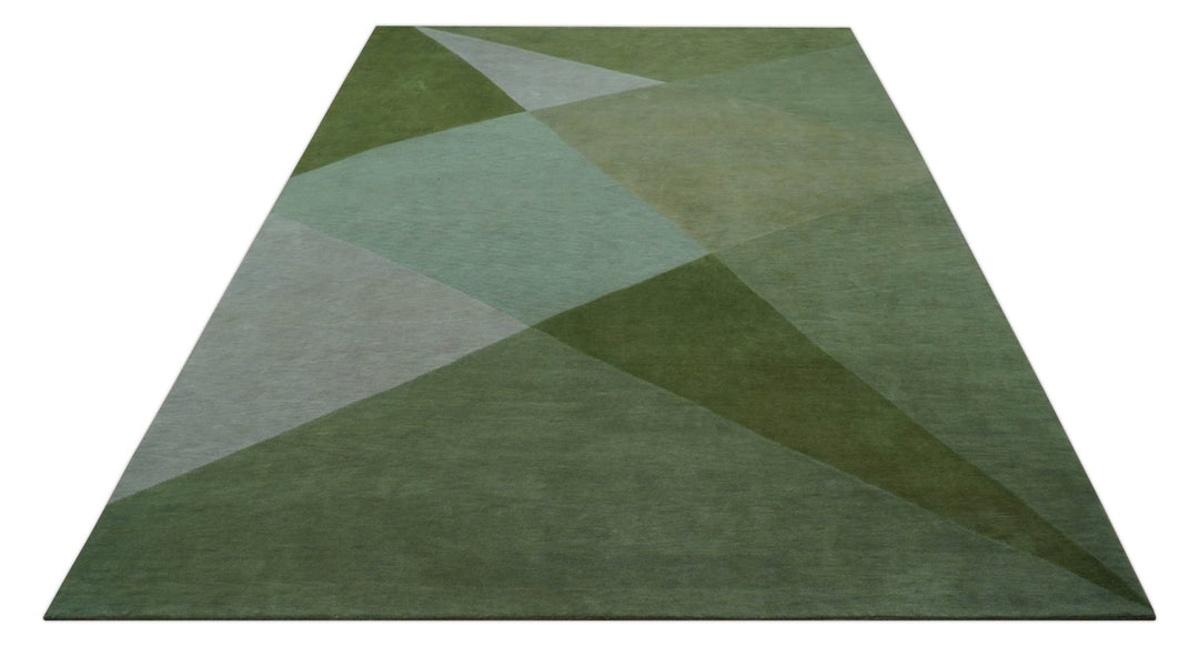 Custom Made Modern Geometrical Design Green And Gray Hand knotted wool Area Rug - The Rug Decor