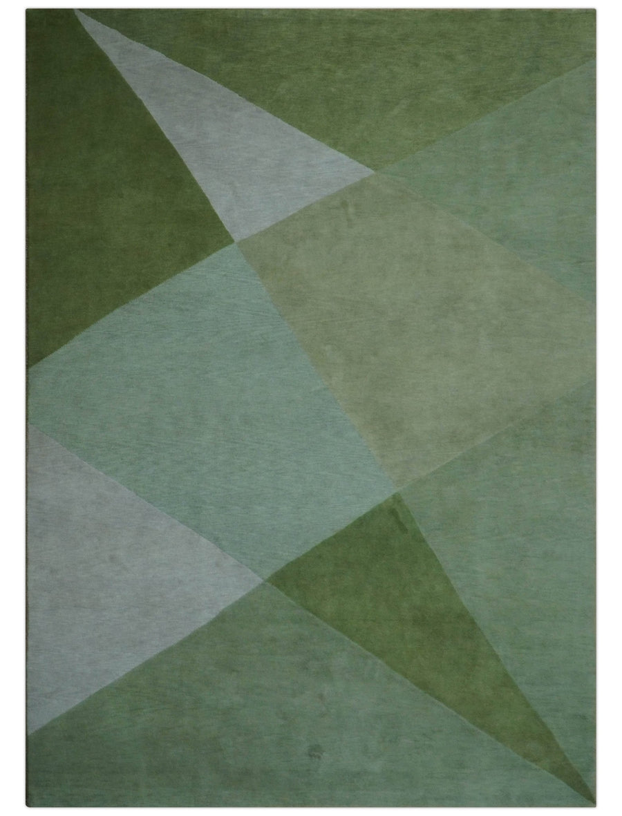 Custom Made Modern Geometrical Design Green And Gray Hand knotted wool Area Rug - The Rug Decor