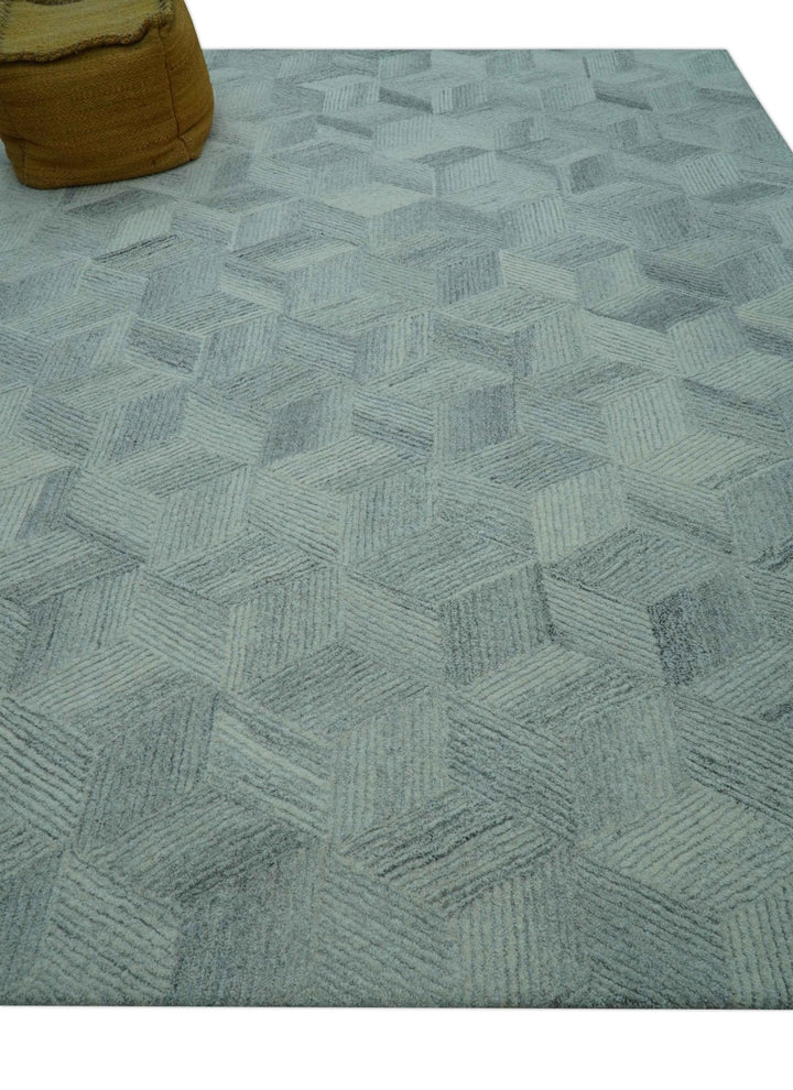 Custom Made Modern Geometrical Gray Hand Tufted Natural Wool Area Rug - The Rug Decor