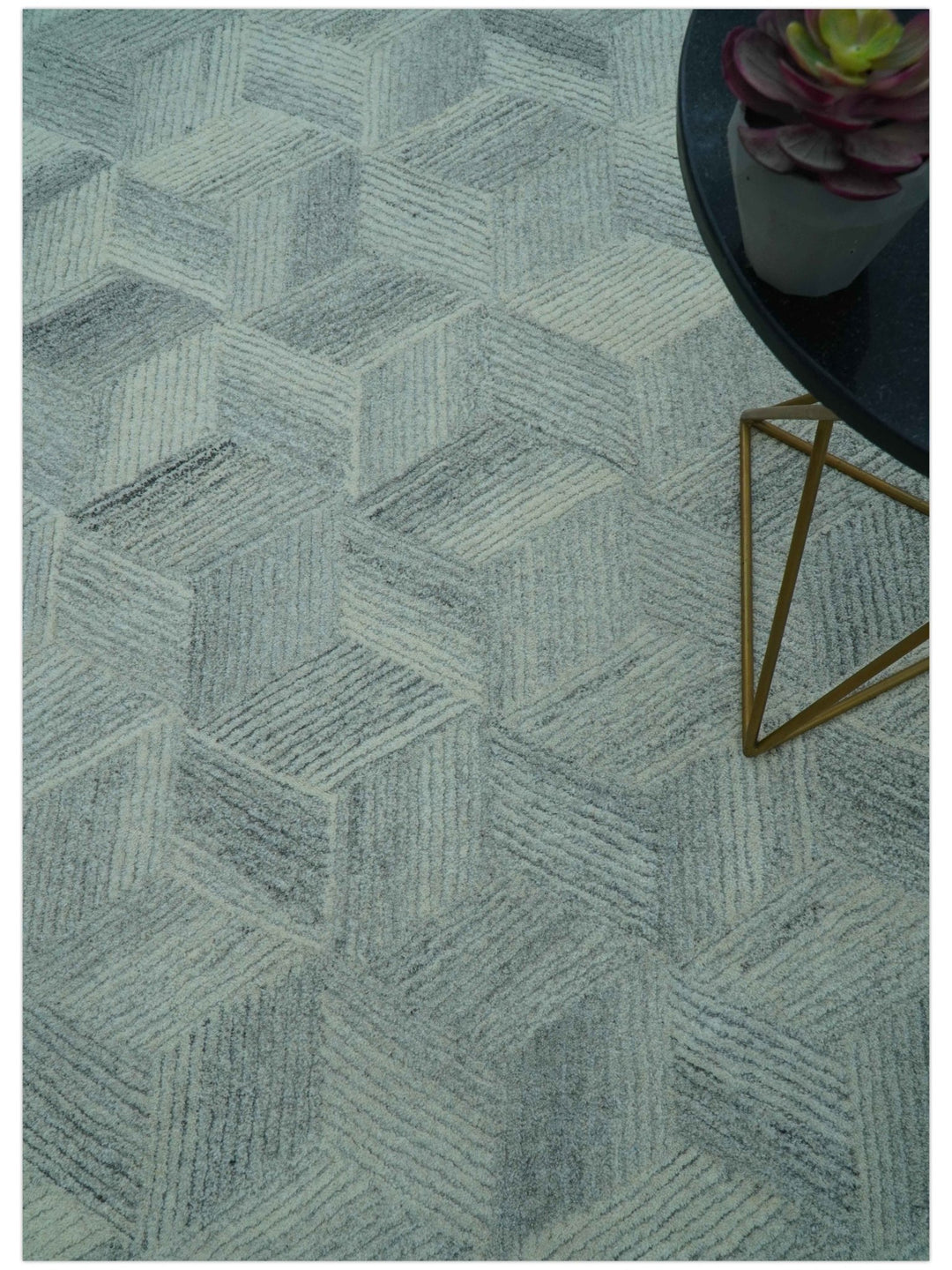 Custom Made Modern Geometrical Gray Hand Tufted Natural Wool Area Rug - The Rug Decor