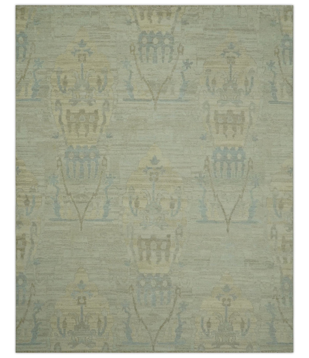 Custom Made Modern Ikat Design Beige And Blue Hand Knotted Wool Area Rug - The Rug Decor