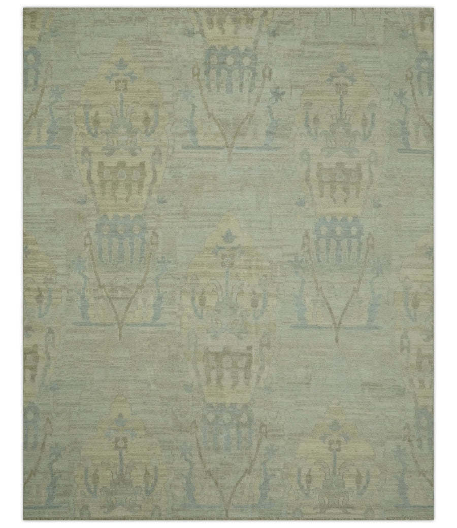 Custom Made Modern Ikat Design Beige And Blue Hand Knotted Wool Area Rug - The Rug Decor