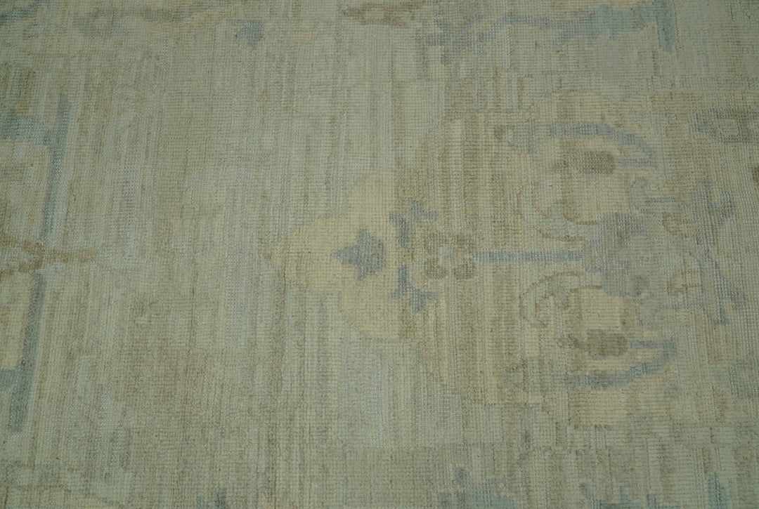 Custom Made Modern Ikat Design Beige And Blue Hand Knotted Wool Area Rug - The Rug Decor