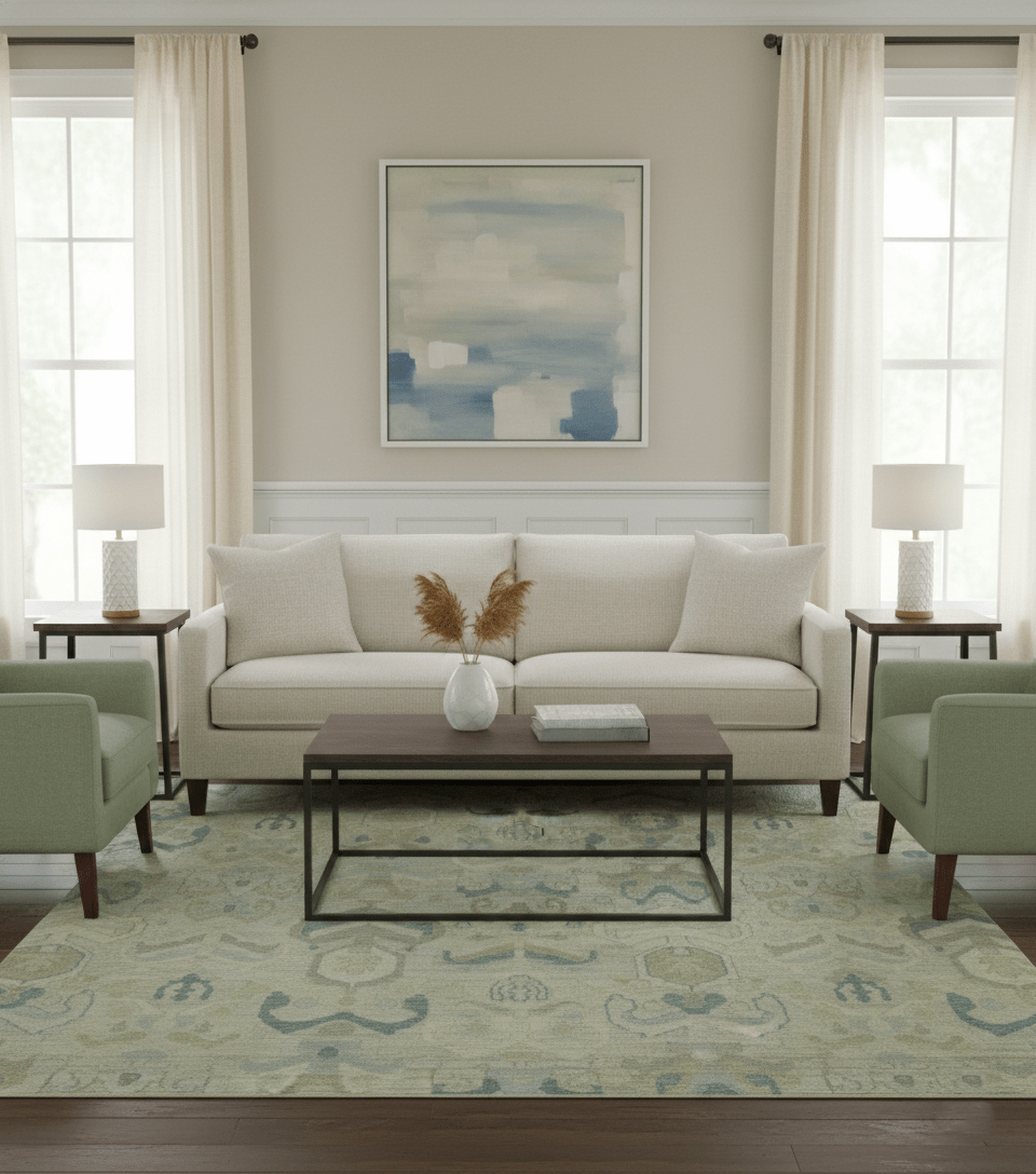 Custom Made Modern Ikat Design Beige And Blue Hand Knotted Wool Area Rug - The Rug Decor