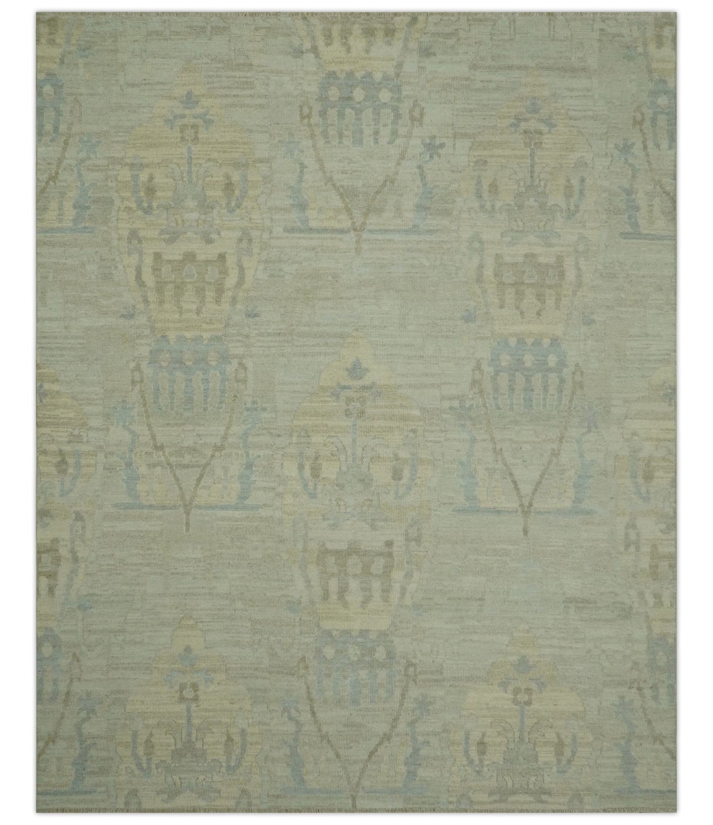 Custom Made Modern Ikat Design Beige And Blue Hand Knotted Wool Area Rug - The Rug Decor