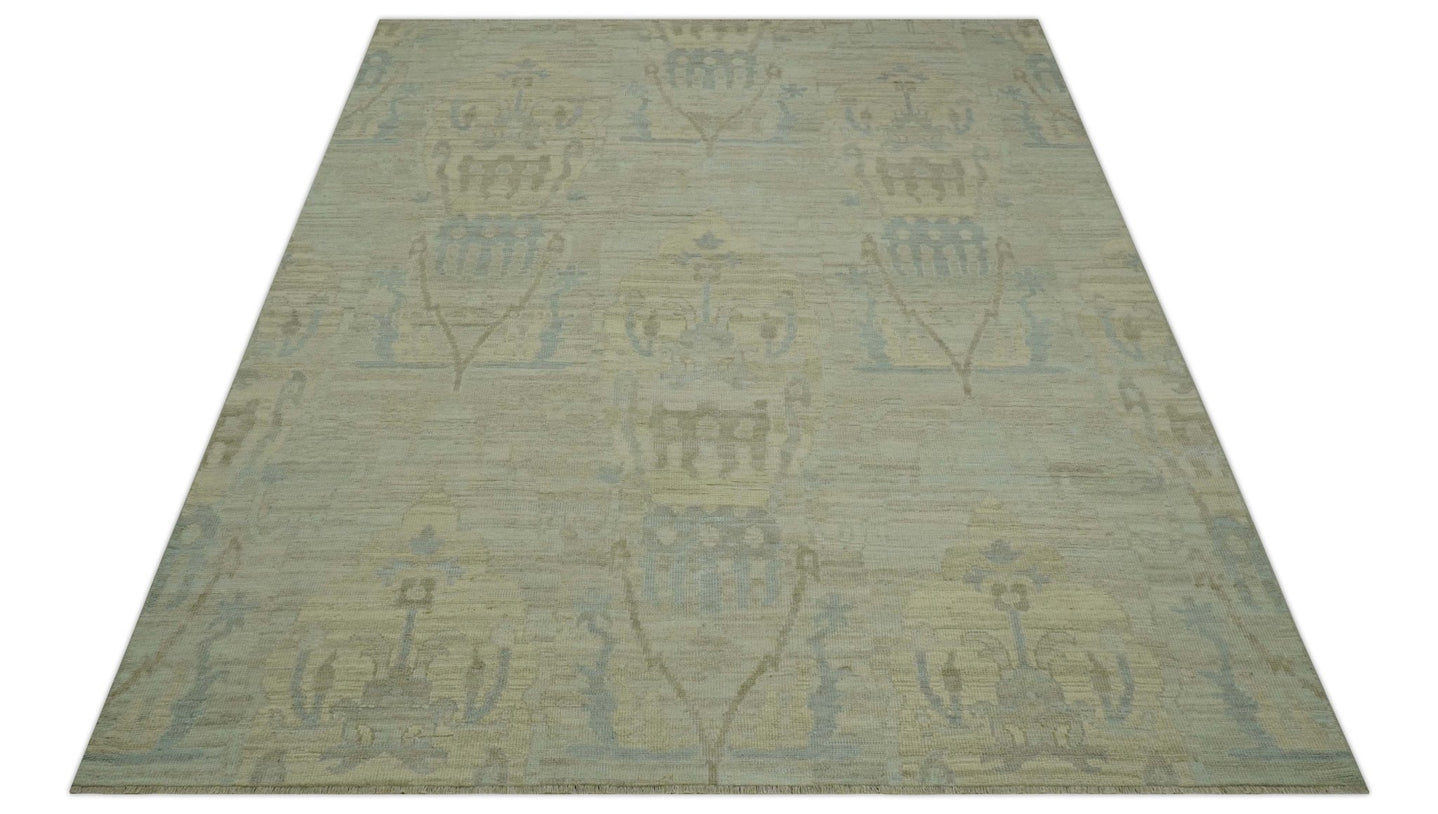 Custom Made Modern Ikat Design Beige And Blue Hand Knotted Wool Area Rug - The Rug Decor