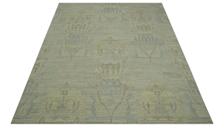 Custom Made Modern Ikat Design Beige And Blue Hand Knotted Wool Area Rug - The Rug Decor