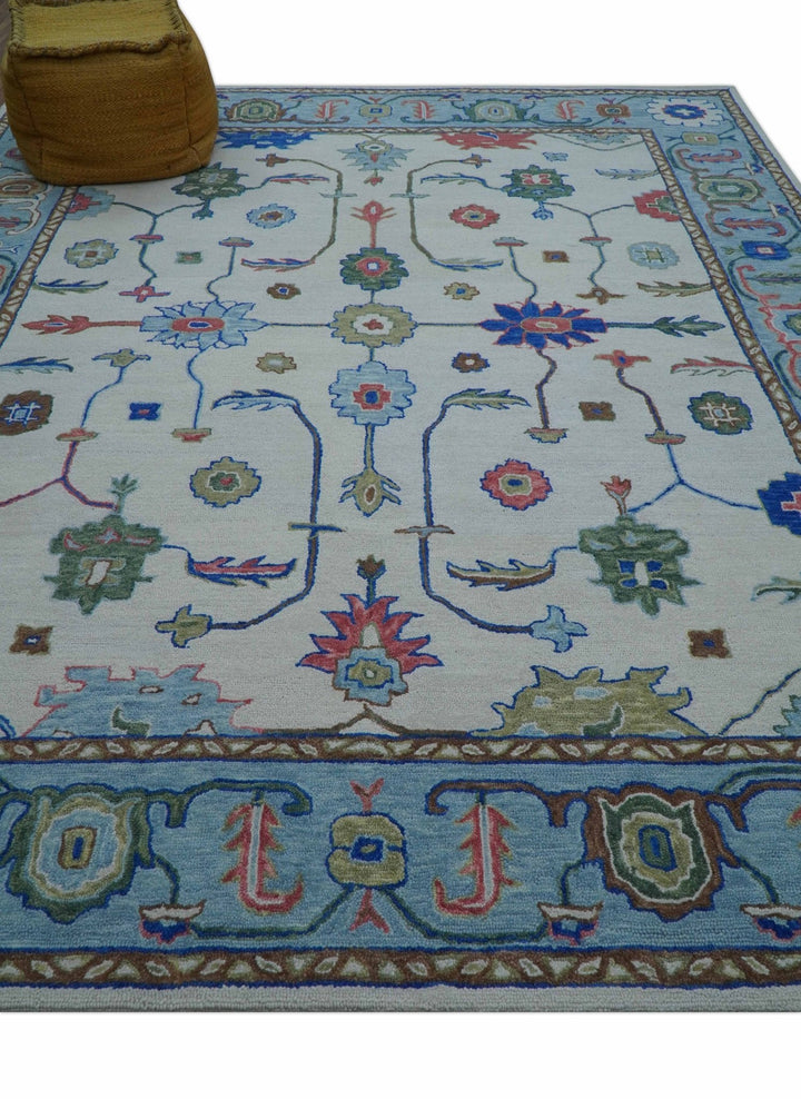 Custom Made Modern Oushak Ivory And Blue Hand Tufted Wool Area Rug - The Rug Decor