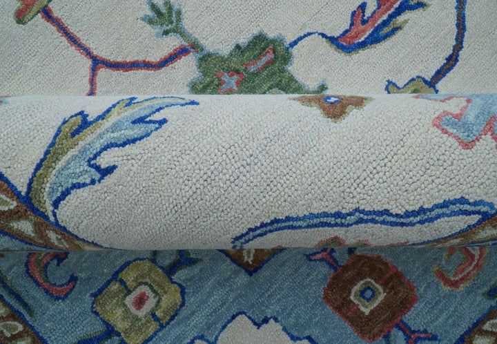 Custom Made Modern Oushak Ivory And Blue Hand Tufted Wool Area Rug - The Rug Decor