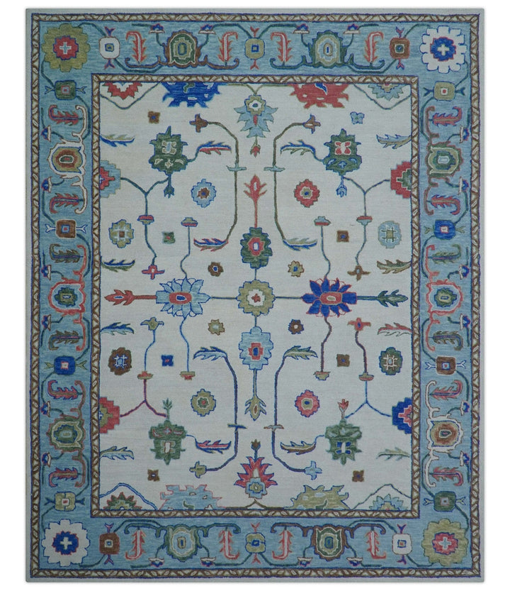 Custom Made Modern Oushak Ivory And Blue Hand Tufted Wool Area Rug - The Rug Decor