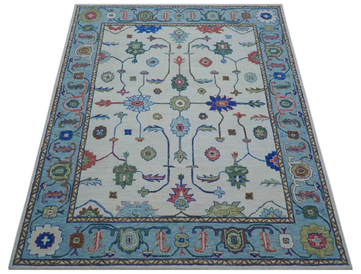 Custom Made Modern Oushak Ivory And Blue Hand Tufted Wool Area Rug - The Rug Decor