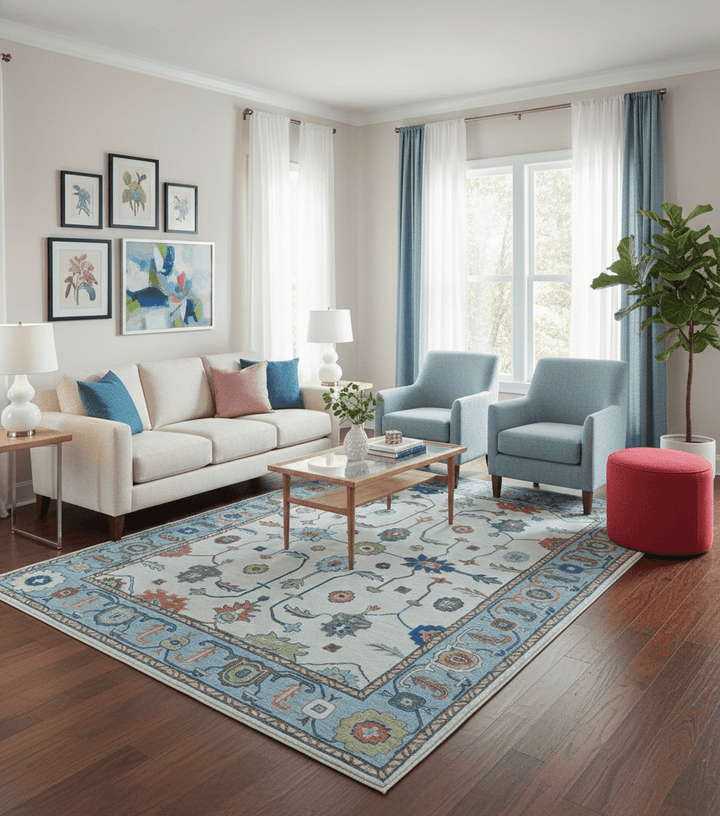 Custom Made Modern Oushak Ivory And Blue Hand Tufted Wool Area Rug - The Rug Decor