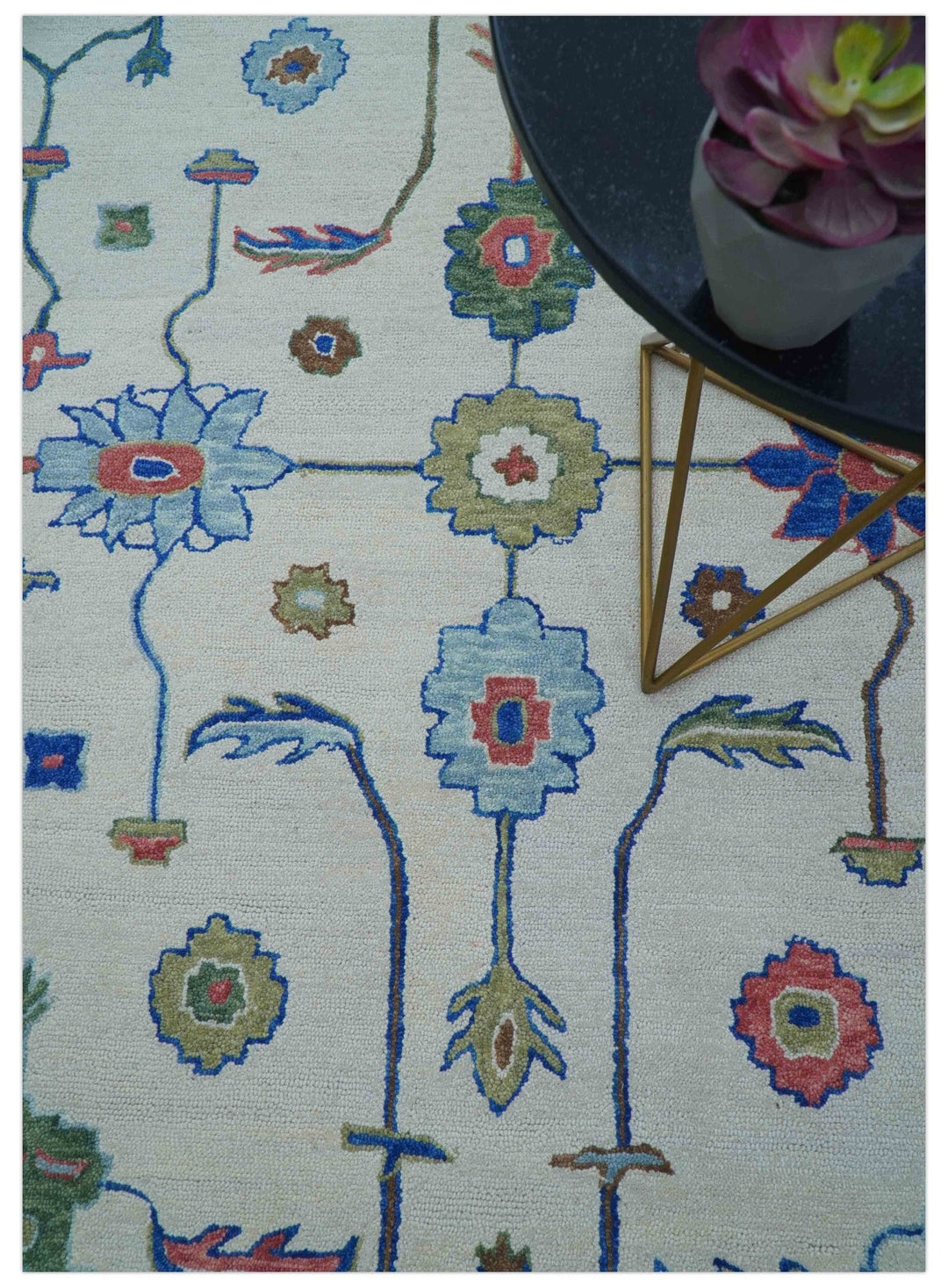 Custom Made Modern Oushak Ivory And Blue Hand Tufted Wool Area Rug