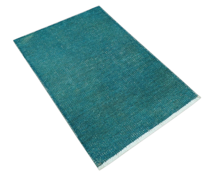 Custom Made Modern Solid Overdyed Blue Hand Knotted Wool Area Rug - The Rug Decor