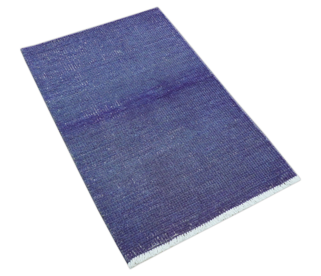Custom Made Modern Solid Overdyed Blue Hand Knotted Wool Area Rug - The Rug Decor
