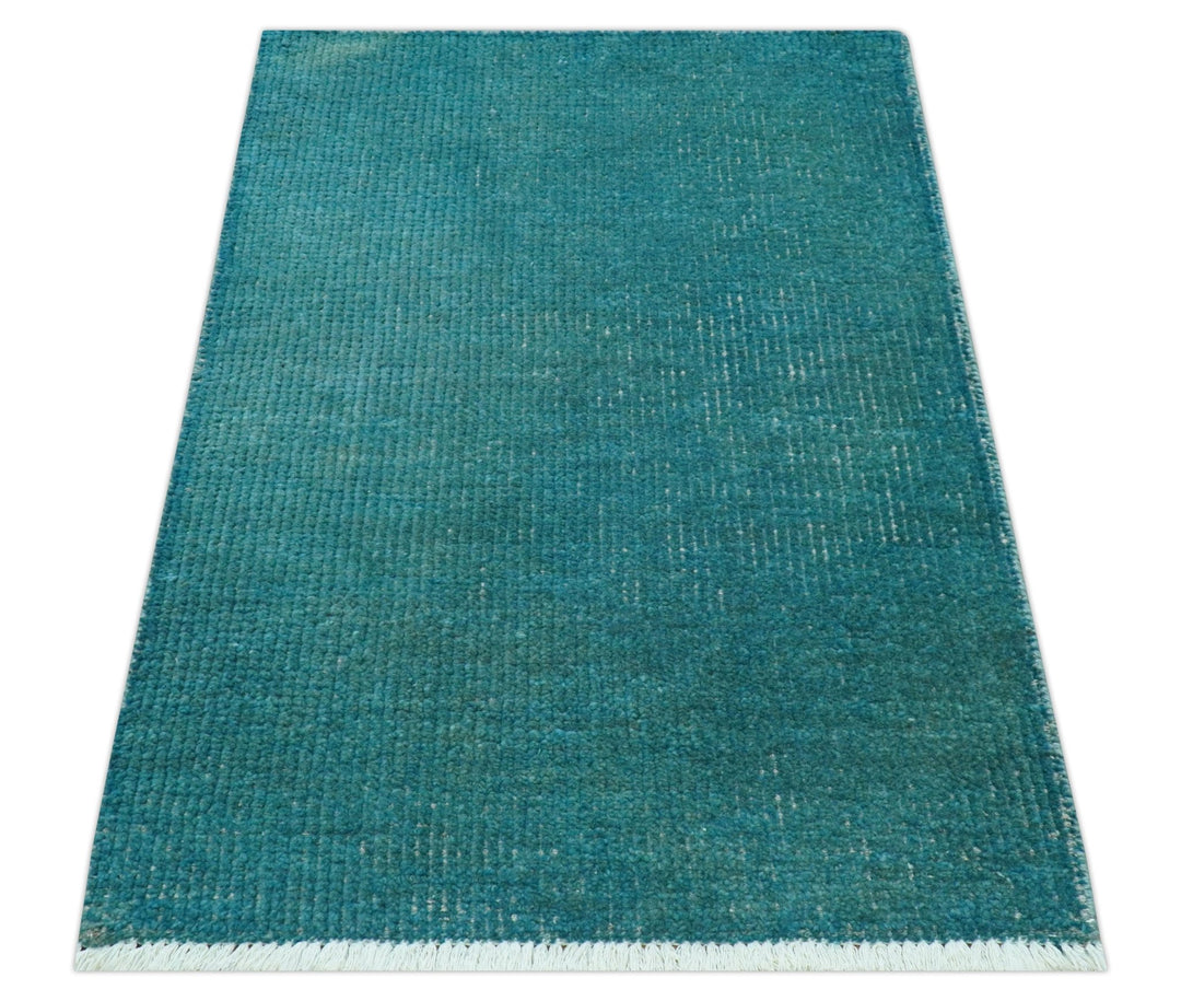 Custom Made Modern Solid Overdyed Blue Hand Knotted Wool Area Rug - The Rug Decor